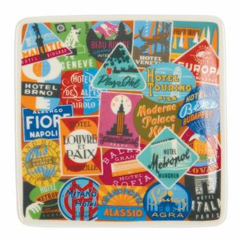 Vintage Travel Labels Square Poreclain Tray