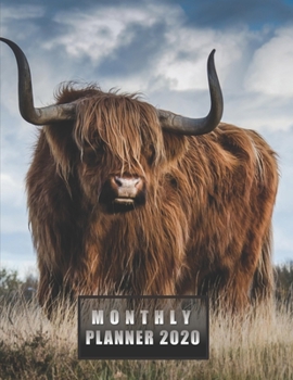 Monthly Planner 2020: NOTEBOOK + CALENDAR NOTEPAD / Diary / Agenda / Logbook: year at glance + 2 - page monthly layout + notes pages, large size (Highland Scottish Bull on Cover)