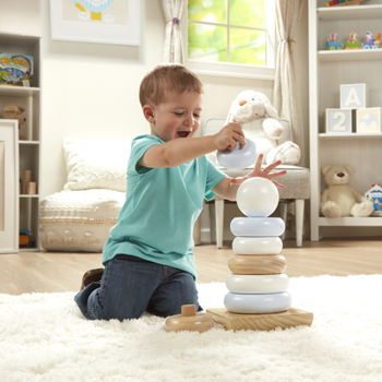 Melissa & Doug Jumbo Wooden Stacker Toy Nursery Playroom Décor – Natural (9 Pieces: White, Wood, Blue-Gray, Great Gift for Girls and Boys - Best for 2, 3, 4 Year Olds and Up)