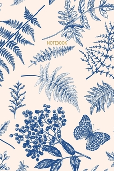 Notebook: Vintage Fern, Butterfly & Floral Pattern | Blue & Cream | Recycled Lined Blank Journal