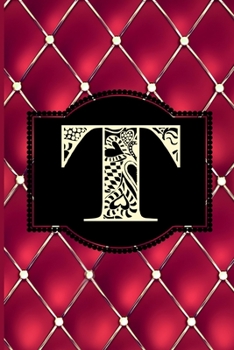 T: Monogram Journal or Diary. Captivating Ruby Red and Gold Diamond Design with a Decorative Uppercase Initial with Texture & Charm on a Vintage Black Cinema Marquee Notebook. (6x9 110 Blank Lined Pag