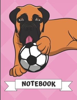 Notebook: Black Brown Boxer Dog with Soccer Ball Cartoon on a Pink Diamond Background. Book is Filled with Lined Journal Paper for Notes and Creating Writing.