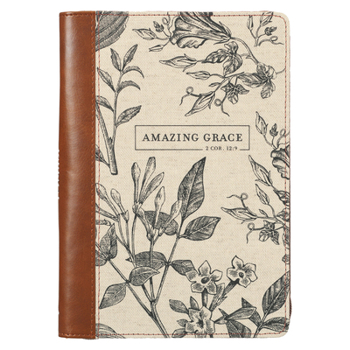 Imitation Leather Christian Art Gifts Scripture Journal Brown/Cream Floral Printed Amazing Grace 2 Cor. 12:9 Bible Verse Inspirational Faux Leather Notebook, Zipper Clo Book