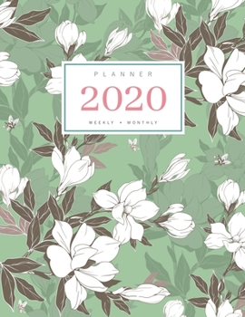 Planner 2020 Weekly Monthly: 8.5 x 11 Full Year Notebook Organizer Large | 12 Months - Jan to Dec 2020 | Vintage Magnolia Flower Buds Design Green