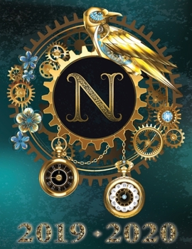 Paperback Weekly Planner Initial "N" Monogram September 2019 - December 2020: Steampunk Teal Falcon and Clock Personalized 16-Month Large Print Letter-Sized Sch [Large Print] Book