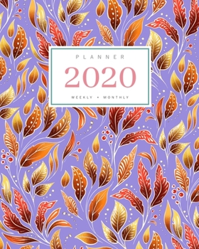 Planner 2020 Weekly Monthly: 8x10 Full Year Notebook Organizer Large | 12 Months - Jan to Dec 2020 | Frame Style Floral Leaf Design Blue-Violet
