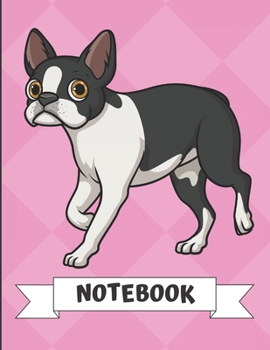 Paperback Notebook: Black White Boston Terrier Dog Cartoon on a Pink Diamond Background. Book is Filled with Lined Journal Paper for Notes Book