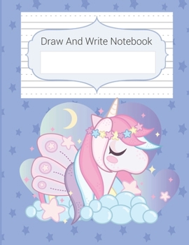 Paperback Draw And Write Notebook: Blue Stars & Unicorn Story Paper Notebook For Kids, Story Space & Dotted Mid-Line Notebook, Black & White Blank Handwr Book