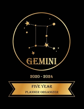 Five Year Planner Organizer: 5 Year Monthly Pocket Planner: 60 month Calendar for Academic Agenda Schedule, Gemini Zodiac sign Golden and Black Cover