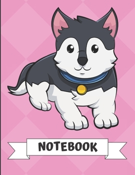 Notebook: Gray White Husky with Blue Collar Cartoon on a Pink Diamond Background. Book is Filled with Lined Journal Paper for Notes and Creating Writing.