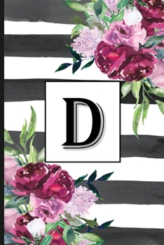 D: Pretty Monogrammed Initial Letter "D" Blank Lined Journal - Black & White Stripes with Floral Design