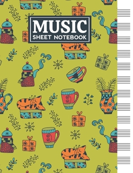 Music Sheet Notebook: Blank Staff Manuscript Paper with Sleeping Cat in the Holidays Themed Cover Design