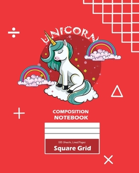 Unicorn Square Grid, Graph Paper Composition Notebook, 100 Sheets, Large 8 x 10 Inch, Quad Ruled Red Cover