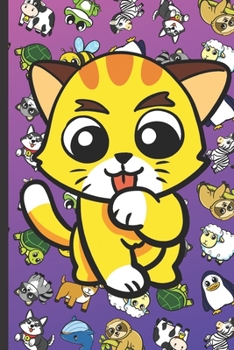 Coloring Book with Positive Affirmations and Stress Relief: Kitten Cartoon on Cover with Zebras Whales Dogs Frogs Cows Sloths Penguins Raccoons Sheep Goats and Turtles on Purple Blue Background.