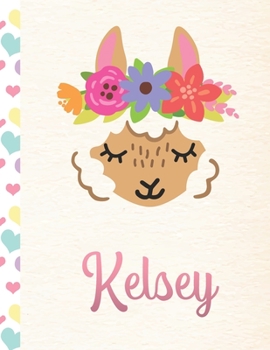 Kelsey: Personalized Llama Sketchbook For Girls With Pink Name - 8.5x11 110 Pages. Doodle, Draw, Sketch, Create!