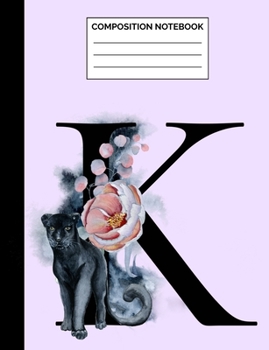 Paperback Composition Notebook: Letter K Black Panther Monogram Floral Wide Ruled Lined Note Book - Pretty Lavender Cat Lover Journal with Lines for K Book