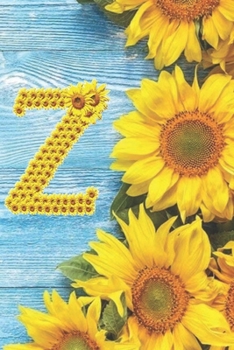 Z: Sunflower Personalized Initial Letter Z Monogram Blank Lined Notebook,Journal and Diary with a Rustic Blue Wood Background
