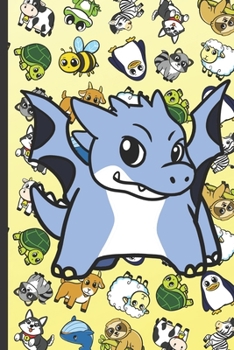 RV Travel and Camping Log Journal and Companion Guide: Dragon Cartoon on Cover with Zebras Whales Dogs Frogs Cows Sloths Penguins Raccoons Sheep Goats and Turtles on Yellow Background.