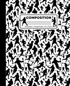 Composition: College Ruled Writing Notebook, Black and White Lacrosse Player Pattern Marbled Blank Lined Book