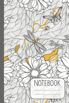 Notebook with Grey Flowers and Dragonfly Design: Pretty Lined Notebook (Journal / Diary) for Women