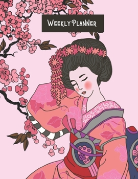 Paperback Cherry Blossom and Geisha Weekly Planner: Undated Weekly Planner with Habit Tracker, Phone Book and Password Log Book