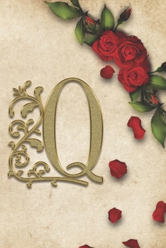Q: Red Rose With Rustic Yellow Background Golden Monogram Initial Letter Q Journal Notebook (6" x 9") Gift For Her