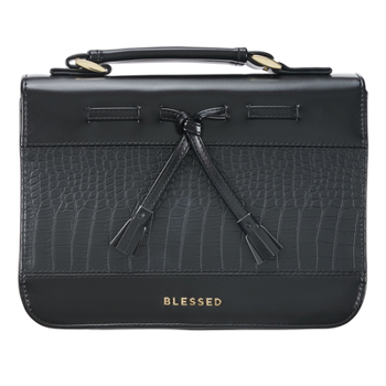 Misc. Bible Cover Medium Black Croc Blessed with Bow Book