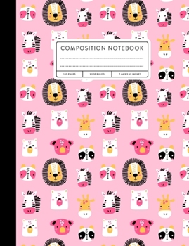 Paperback Composition Notebook: Wide Ruled, Animal Faces, Pink Book