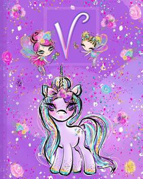 Paperback V: Unicorn Composition Notebook Wide Ruled Monogrammed Initial V Book