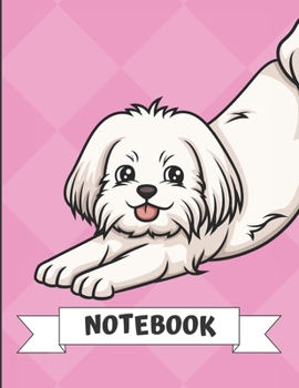 Notebook: Stretching White Maltese Dog Cartoon on a Pink Diamond Background. Book is Filled with Lined Journal Paper for Notes and Creating Writing.