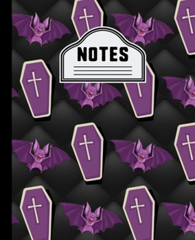 Notes: Cute Purple Bats and Coffins Halloween Notebook for Kids 7.5" X 9.25 Wide Ruled - 110 Pages