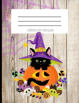 Composition Notebook: Black Cat Jack O Lantern Halloween Witch Hat Purple Stars Trick Or Treat Candy  Journal And Notebook