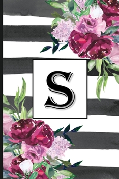 S: Pretty Monogrammed Initial Letter "S" Blank Lined Journal - Black & White Stripes with Floral Design