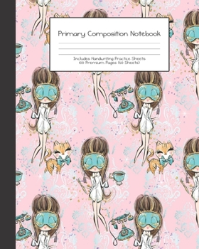 Primary Composition Notebook: Retro Glam Audrey Breakfast Blue Black |Grades K-2 | Handwriting Practice Paper|Primary Ruled With Dotted Midline | 100 ... Girls | Elementary | Teacher | School | Gift