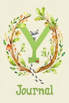 Cute Woodland Critter Journal with Initial: Cute Woodland Raccoon Journal with Green Initial 'Y'