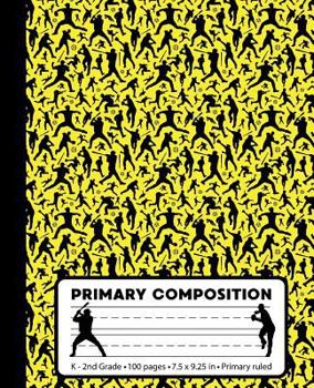 Paperback Primary Composition: Baseball Player Yellow Marble Composition Book for boys or girls K-2. Sports notebook handwriting paper. Primary ruled Book