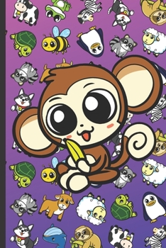 RV Travel and Camping Log Journal and Companion Guide: Monkey Cartoon on Cover with Zebras Whales Dogs Frogs Cows Sloths Penguins Raccoons Sheep Goats and Turtles on Purple Blue Background.