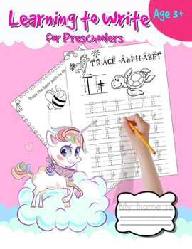 Paperback learning to write for preschoolers: Pink unicorn pre kindergarten workbook ages 3 to 5. Over 120 pages. Tracing lines, shapes, alphabet and numbers ac Book