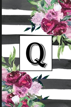 Q: Pretty Monogrammed Initial Letter "Q" Blank Lined Journal - Black & White Stripes with Floral Design