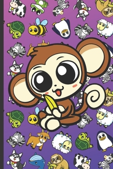 2020 Weekly Planner and Calendar: Monkey Cartoon on Cover with Zebras Whales Dogs Frogs Cows Sloths Penguins Raccoons Sheep Goats and Turtles on Purple Blue Background.