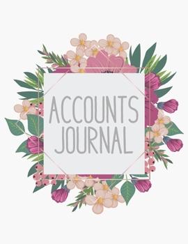 Accounts Journal: Account journal, space for tracking of cash or check payments, features columns for description, reference, and debit or credit, checkered cover. Pink and blue wreath floral cover.