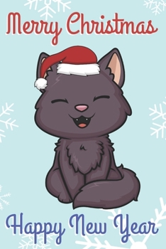 Merry Christmas Happy New Year: Chibi Kawaii Black Kitty Cat Wearing a Red Santa Hat with Snow Notebook Cover. Great Journal Gift or Stocking Stuffer for the Holidays