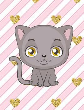 Notebook: Cute Grey Cat, Gold & Pink Stripes Glitter Heart Girly Notebook, Large Size - Letter, Wide Ruled