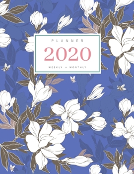 Planner 2020 Weekly Monthly: 8.5 x 11 Full Year Notebook Organizer Large | 12 Months - Jan to Dec 2020 | Vintage Magnolia Flower Buds Design Blue