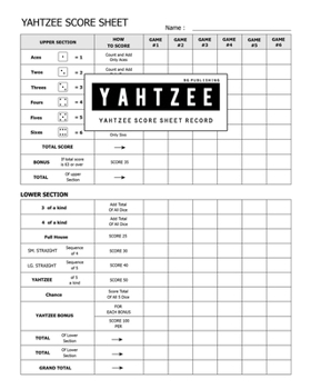 BG Publishing Yahtzee Score Record: Yahtzee Game Sheet Keeper for Multiple Games of Yahtzee Score Cards with Players Write in the player name and record dice thrown