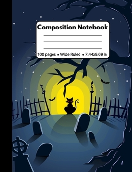 Paperback Composition Notebook: Spooky Halloween Gifts: Red Eyed Black Cat in Graveyard, Composition Book, Back to School Work or Home, 100 pages Book