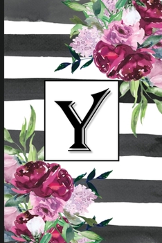 Y: Pretty Monogrammed Initial Letter "Y" Blank Lined Journal - Black & White Stripes with Floral Design