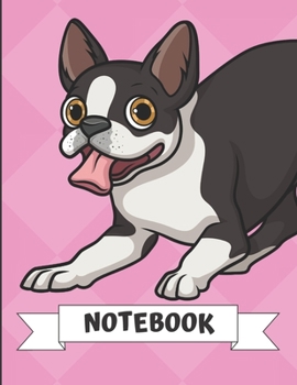 Notebook: Smiling Black White Boston Terrier Dog Cartoon on a Pink Diamond Background. Book is Filled with Lined Journal Paper for Notes and Creating Writing.