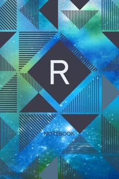 R - Notebook: Monogram Initial R - Personalized Blank Wide Lined Journal Gift with Modern Green & Blue Contemporary Starry Space Paint Splatter with Geometric Design for Men & Women