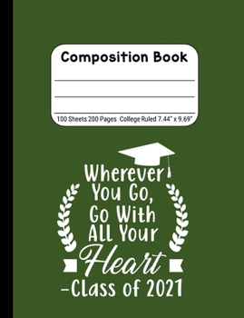 Wherever You Go, Go With All Your Heart - Class of 2021: Blank Composition Notebook for Class of 2020 Seniors, 2020 Graduation Gift, Lined Journal 100 Pages, College Rule Book, Green